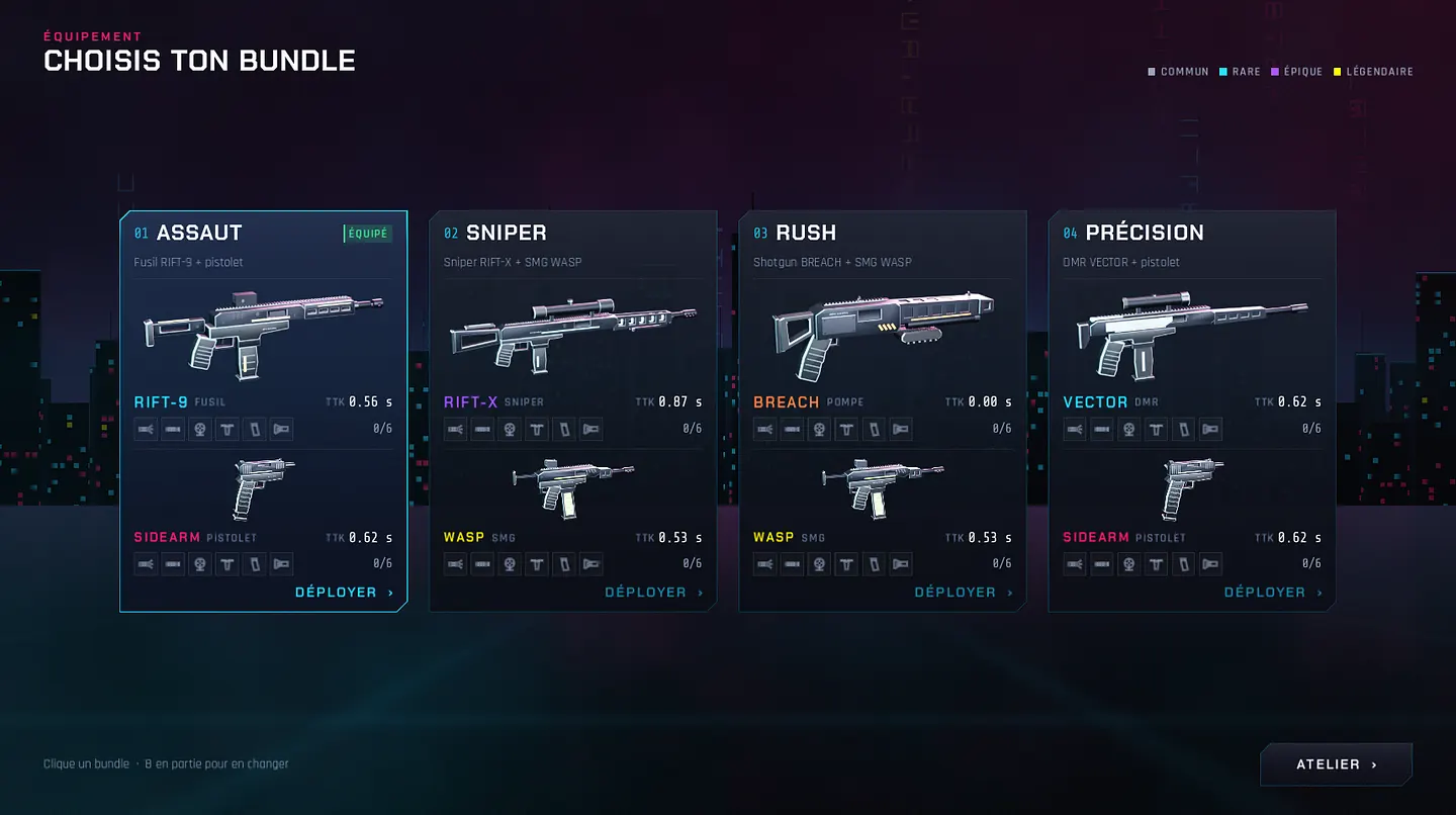 Choix du bundle : quatre loadouts d'armes, Assaut, Sniper, Rush et Précision
