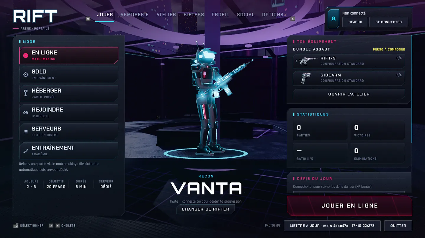 Menu principal du jeu : le rifter VANTA en vitrine à côté du bouton Jouer en ligne